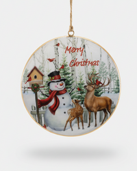 Snowman and Deer Rustic Disc Ornament