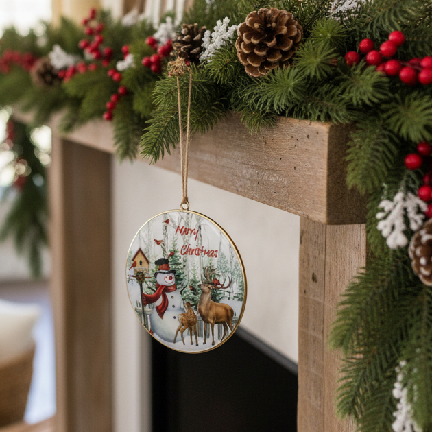 Snowman and Deer Rustic Disc Ornament