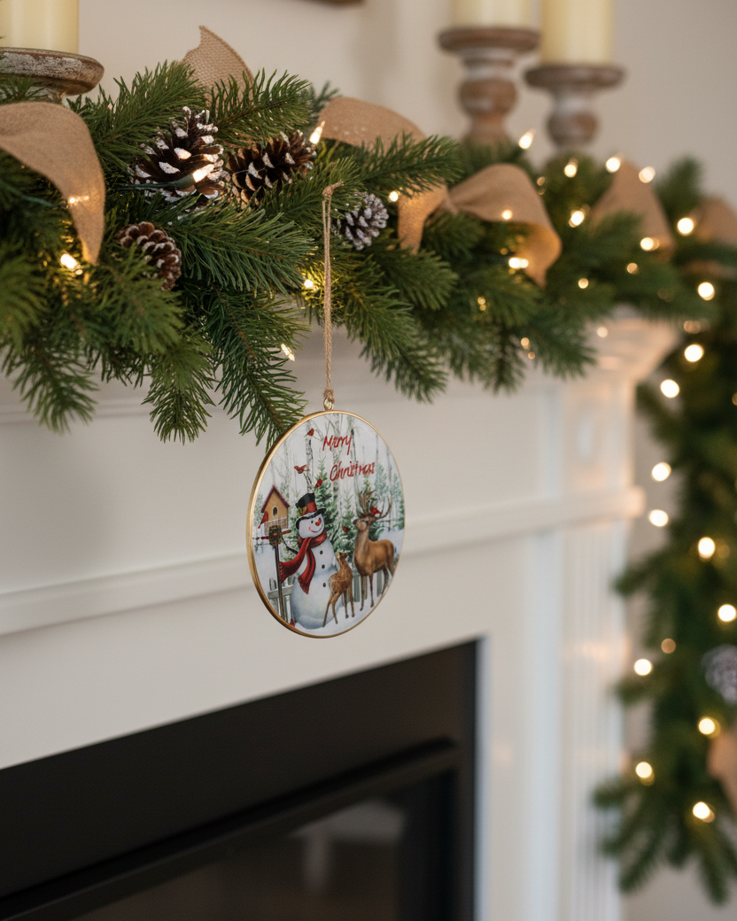 Snowman and Deer Rustic Disc Ornament