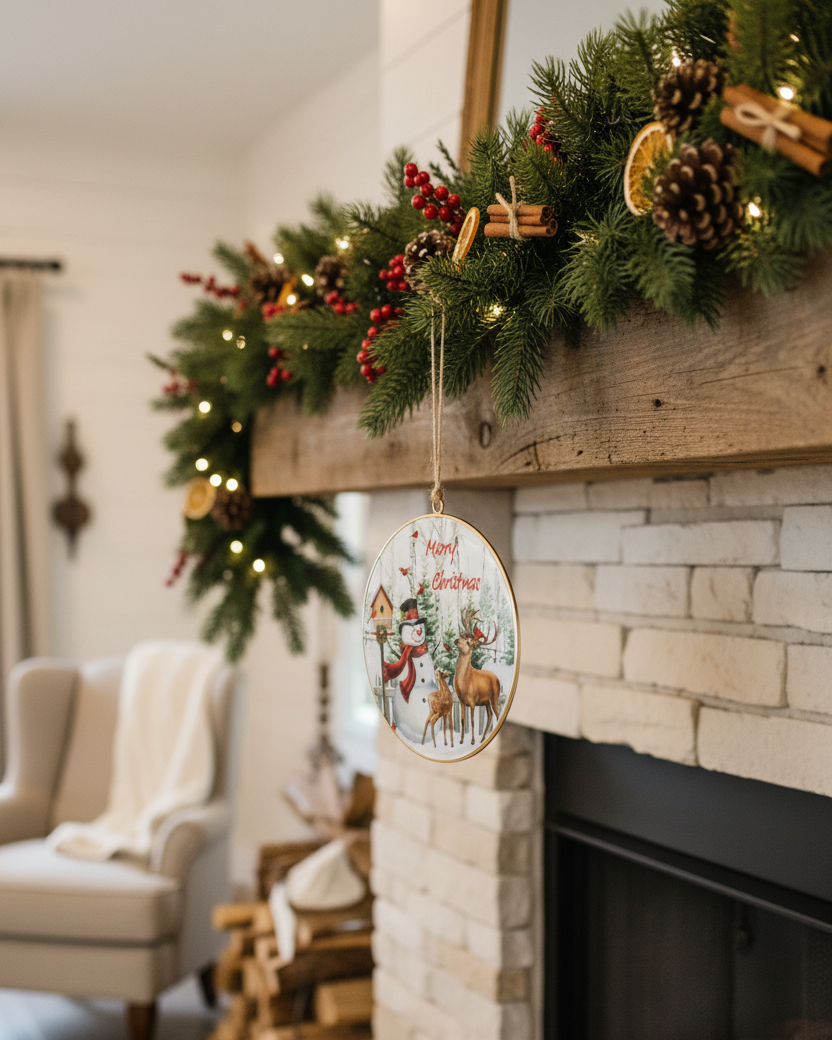 Snowman and Deer Rustic Disc Ornament