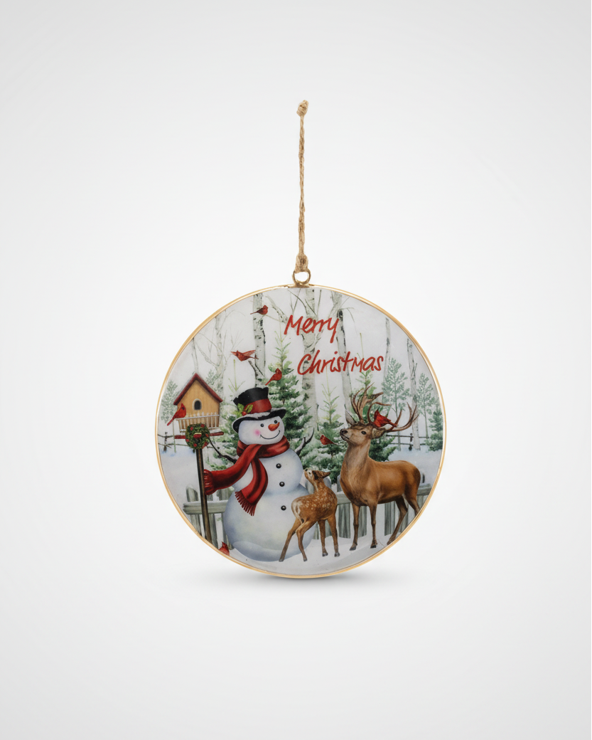 Snowman and Deer Rustic Disc Ornament