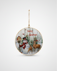 Snowman and Deer Rustic Disc Ornament