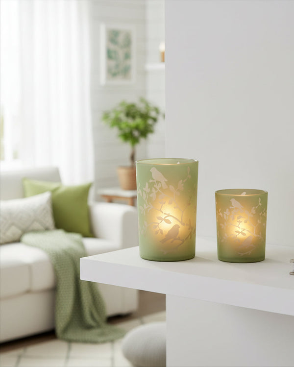Light Green Bird and Branch Glass Candle Holder