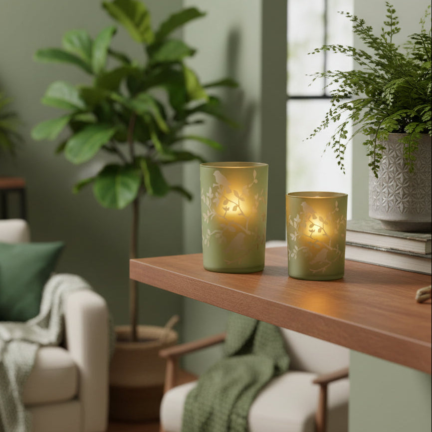 Light Green Bird and Branch Glass Candle Holder