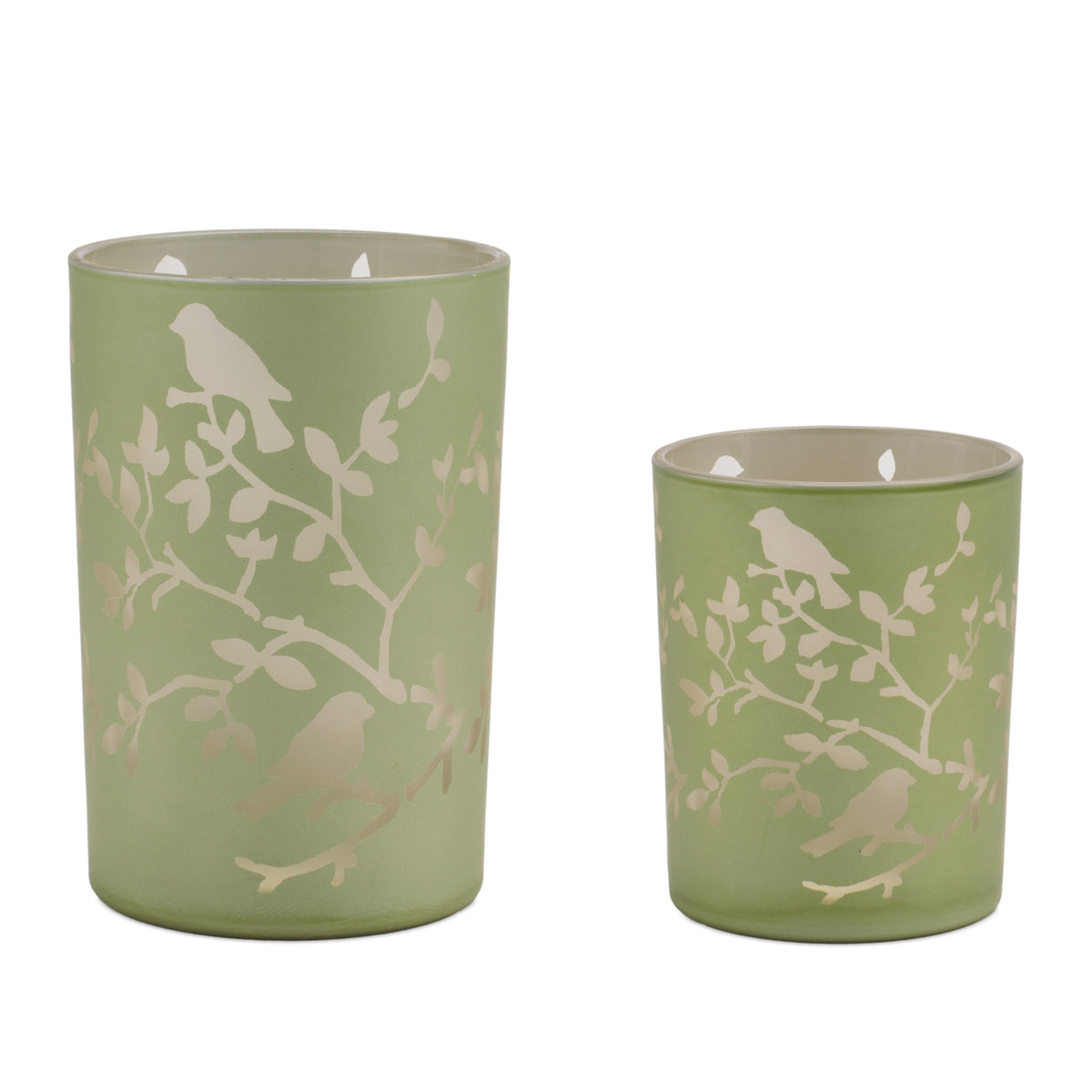 Light Green Bird and Branch Glass Candle Holder