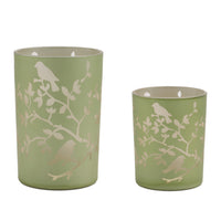 Light Green Bird and Branch Glass Candle Holder
