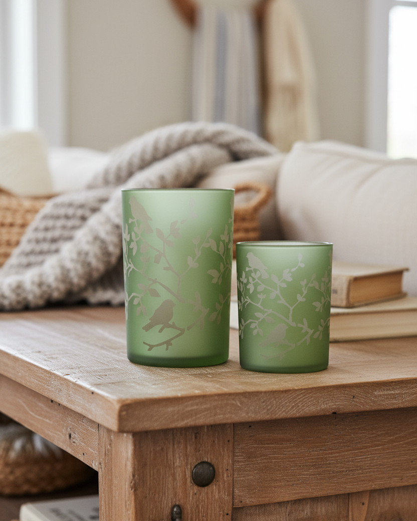 Light Green Bird and Branch Glass Candle Holder