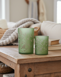 Light Green Bird and Branch Glass Candle Holder