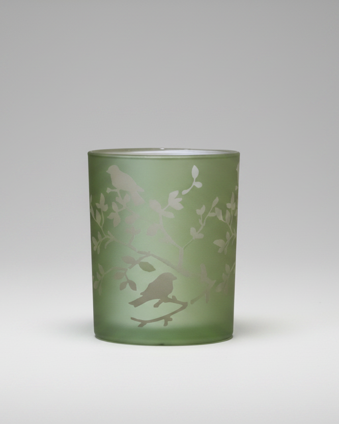 Light Green Bird and Branch Glass Candle Holder