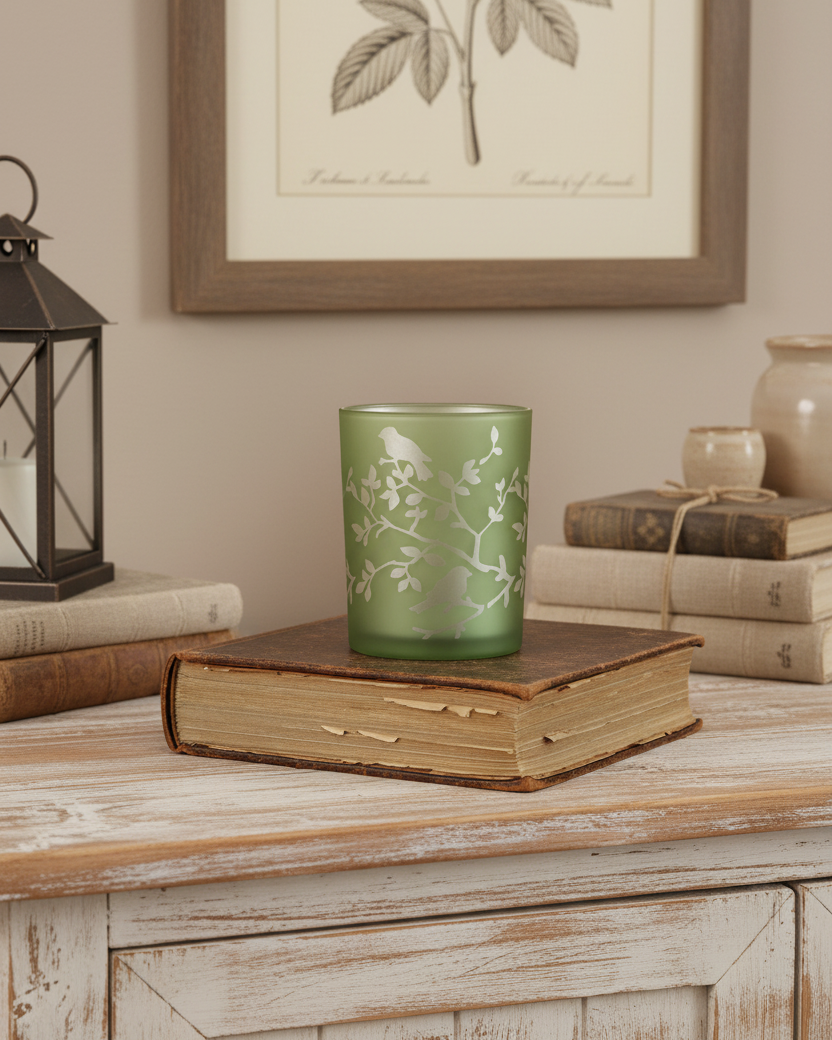 Light Green Bird and Branch Glass Candle Holder