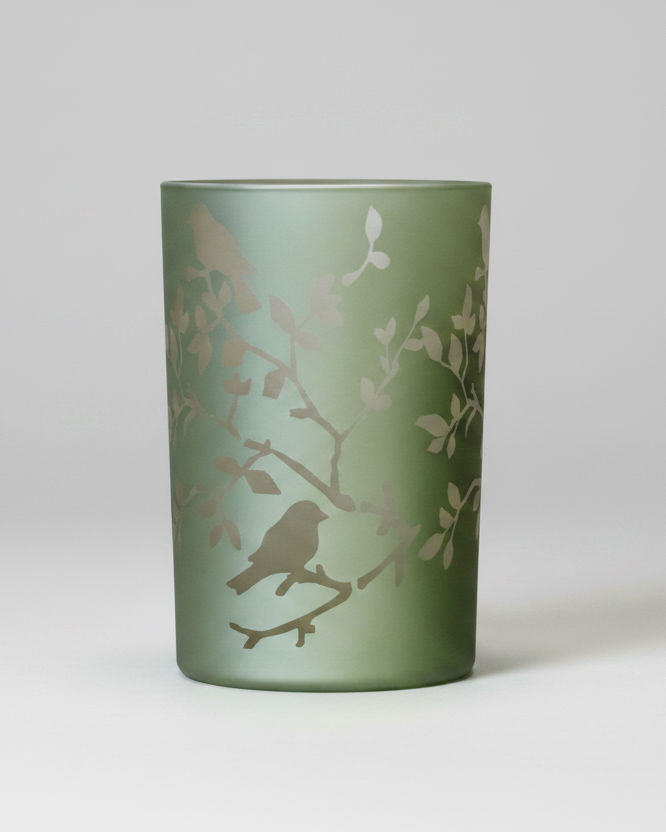Light Green Bird and Branch Glass Candle Holder