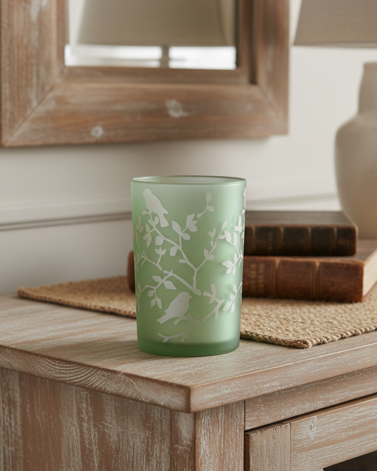 Light Green Bird and Branch Glass Candle Holder