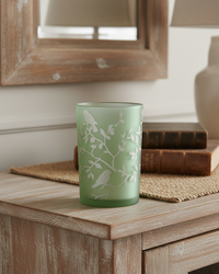 Light Green Bird and Branch Glass Candle Holder