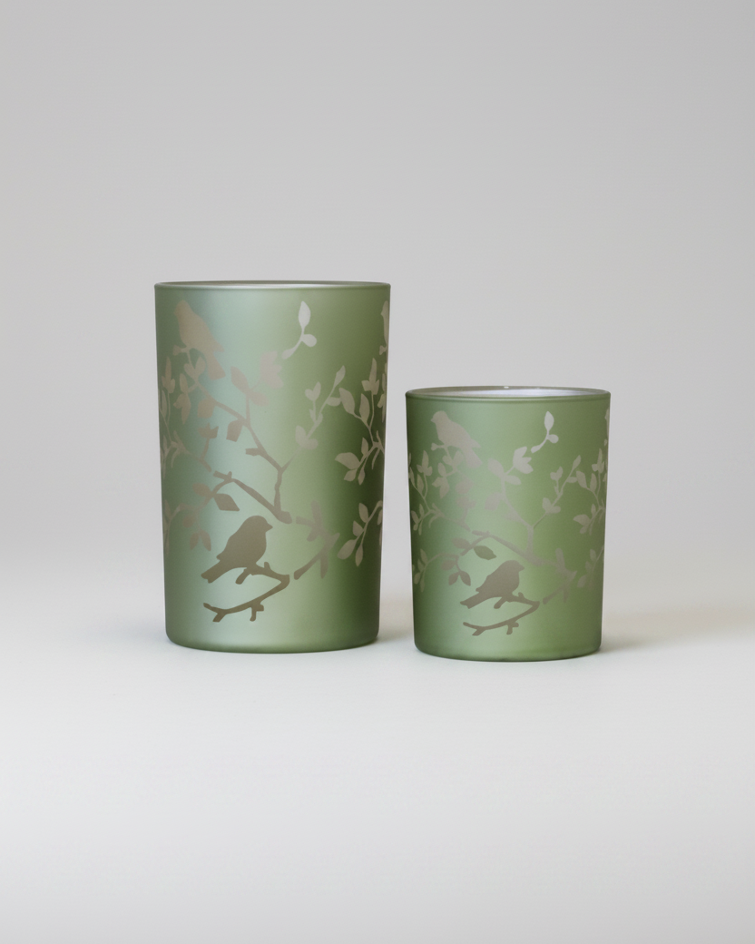 Light Green Bird and Branch Glass Candle Holder