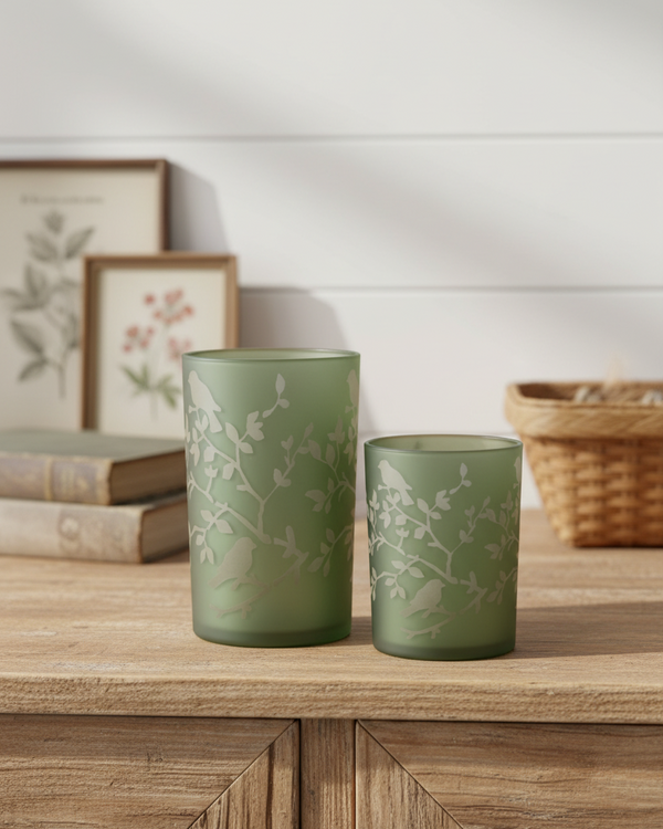 Light Green Bird and Branch Glass Candle Holder