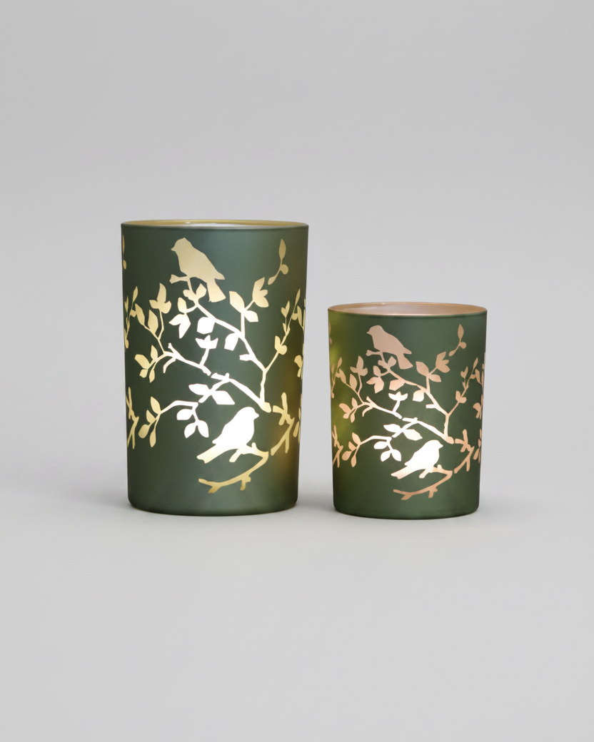 Light Green Bird and Branch Glass Candle Holder