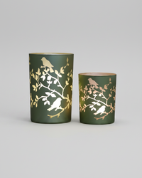 Light Green Bird and Branch Glass Candle Holder