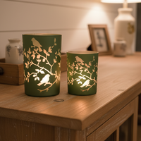 Light Green Bird and Branch Glass Candle Holder