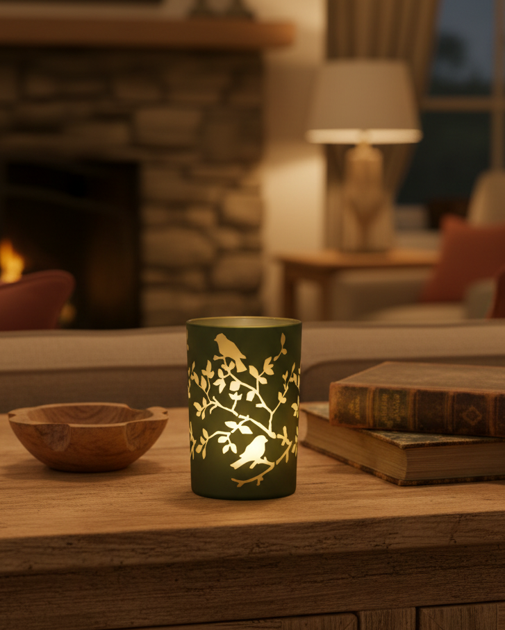 Light Green Bird and Branch Glass Candle Holder