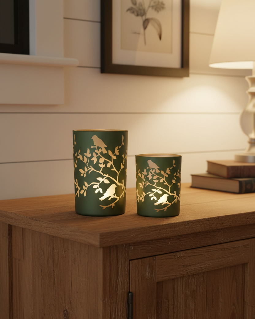 Light Green Bird and Branch Glass Candle Holder