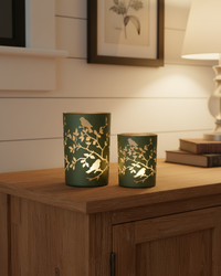 Light Green Bird and Branch Glass Candle Holder