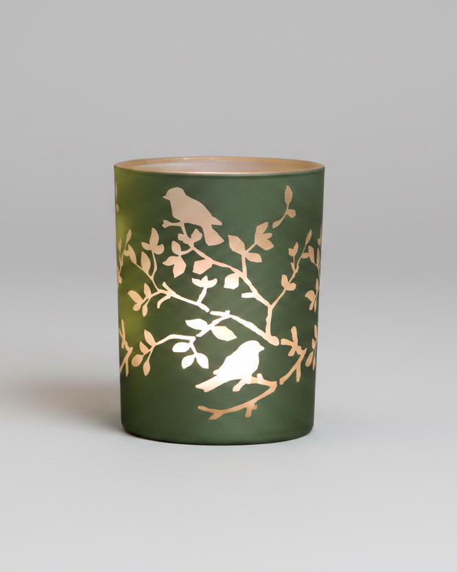 Light Green Bird and Branch Glass Candle Holder