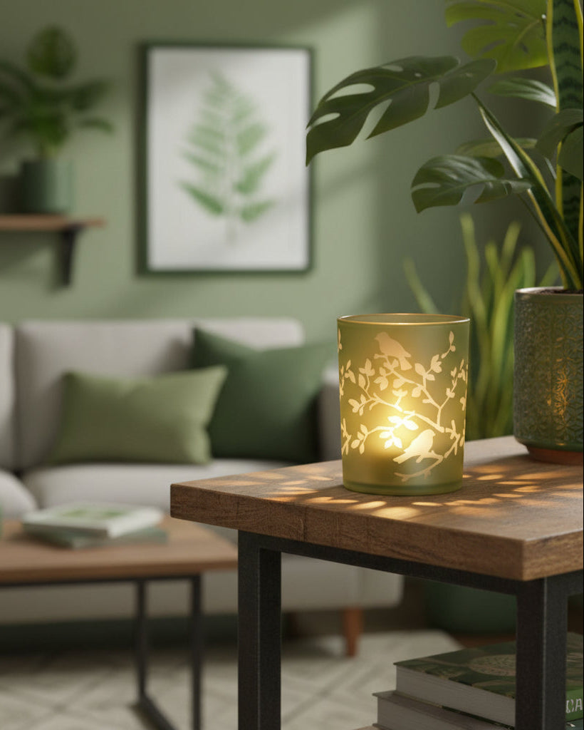 Light Green Bird and Branch Glass Candle Holder