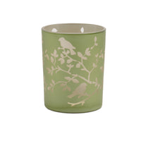 Light Green Bird and Branch Glass Candle Holder