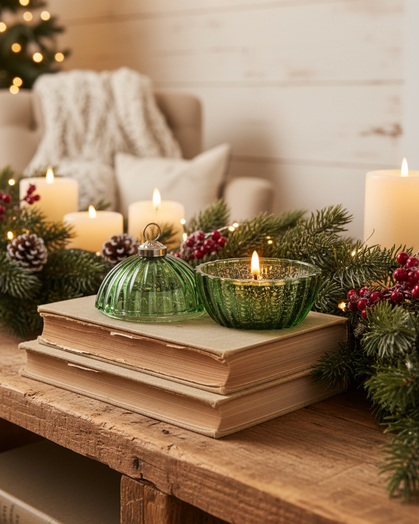 Glass LED Ornament Candle Green