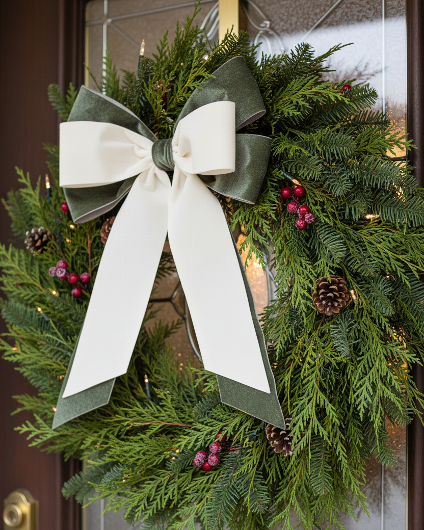 Sage and Cream Bow Ornament 10.5"
