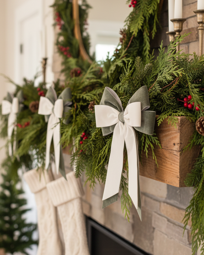 Sage and Cream Bow Ornament 10.5"