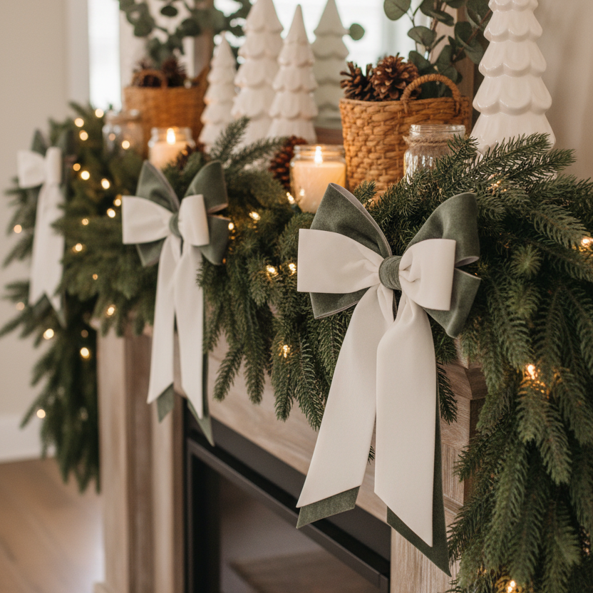 Sage and Cream Bow Ornament 10.5"