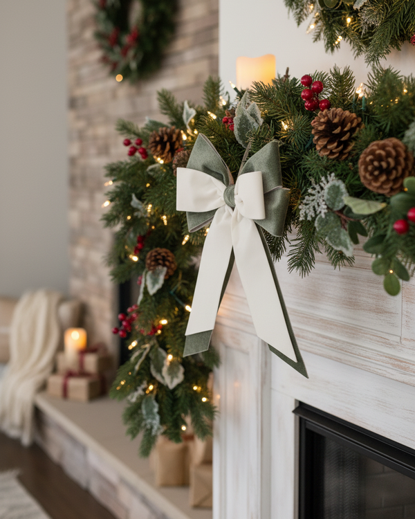 Sage and Cream Bow Ornament 10.5"