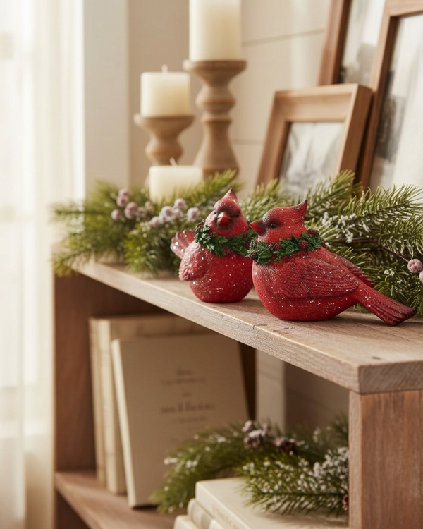 Glittered Cardinal with Evergreen Wreath