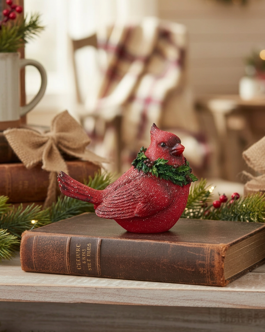 Glittered Cardinal with Evergreen Wreath