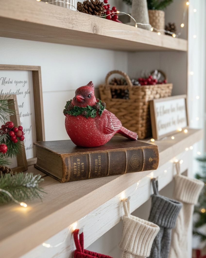 Glittered Cardinal with Evergreen Wreath