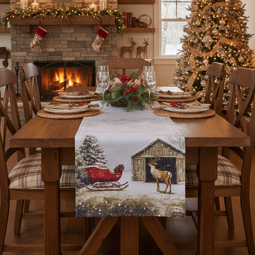 Santa and Reindeer Table Runner 54"