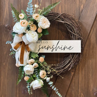 Hello Sunshine White Peony and Peach Ranunculus Wreath