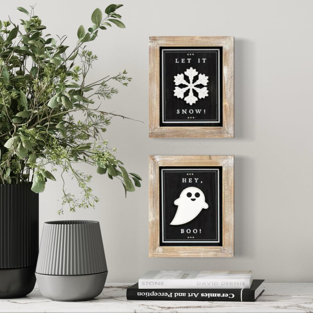 Reversible Wood Boo and Snow Sign