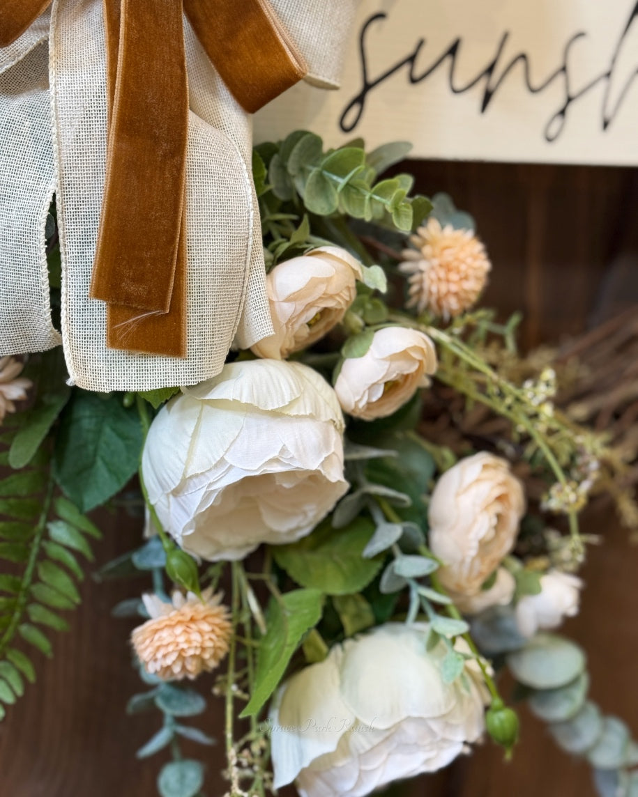 Hello Sunshine White Peony and Peach Ranunculus Wreath