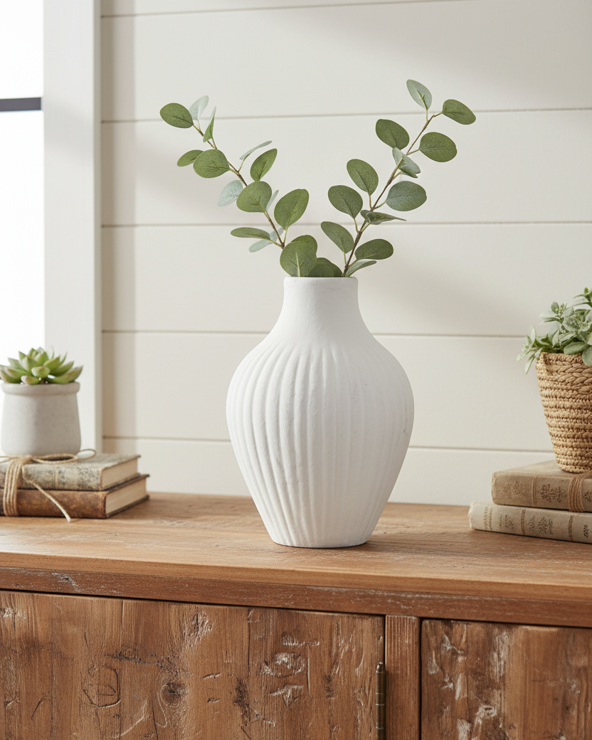 Fluted Aged White Terracotta Vase