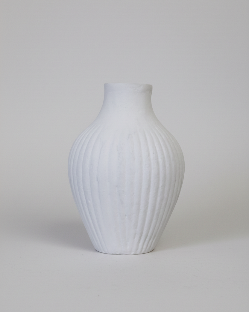 Fluted Aged White Terracotta Vase