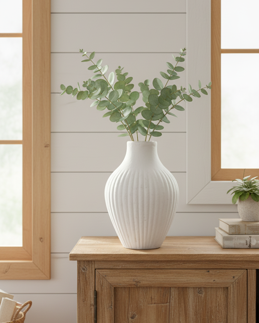 Fluted Aged White Terracotta Vase