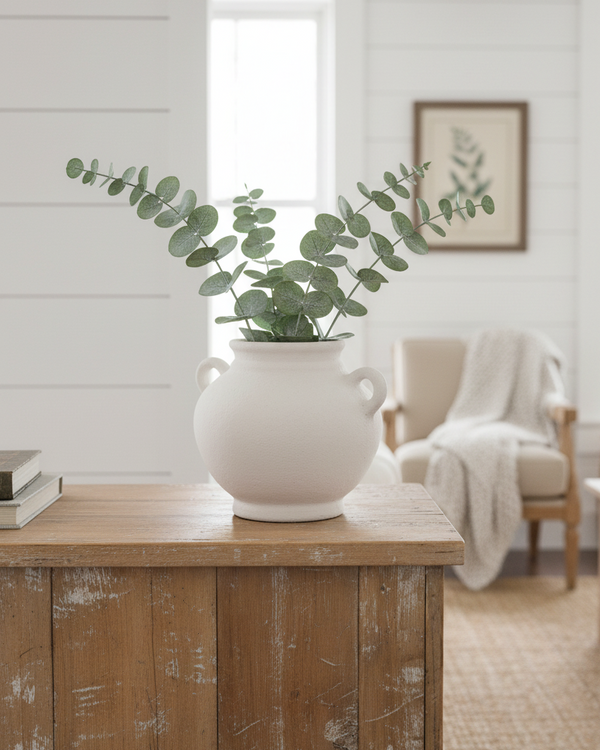 Ivory Paper Mache Terracotta Vase with Handles