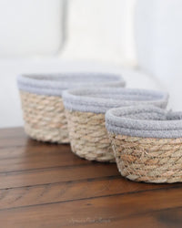 Cotton Rope Grass Mini Basket With Grey Trim