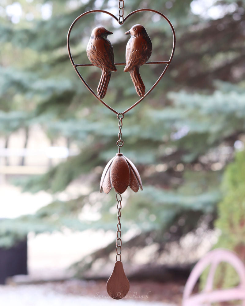 Metal Bird Duo Heart Wind Chime 26"L