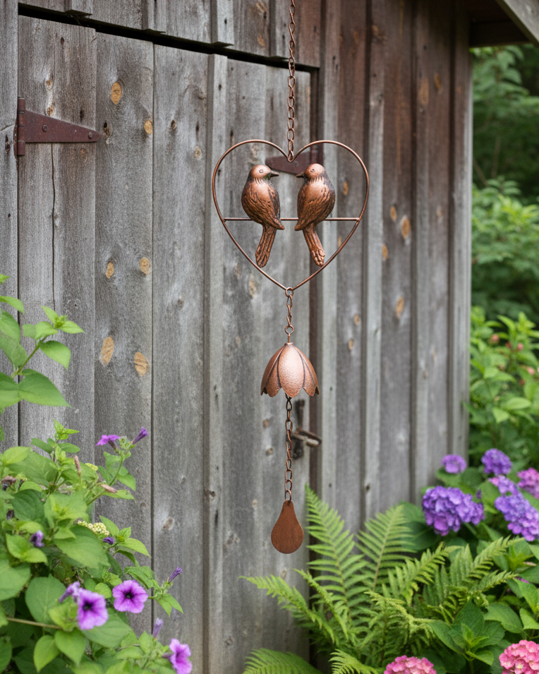 Metal Bird Duo Heart Wind Chime 26"L