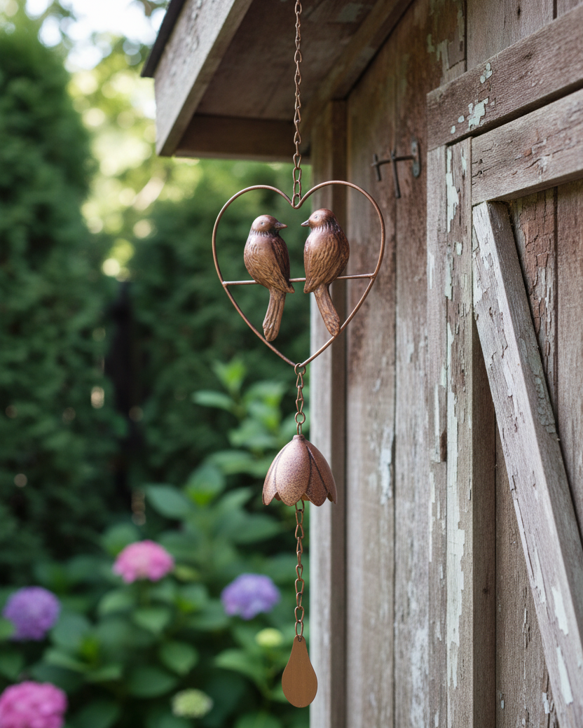Metal Bird Duo Heart Wind Chime 26"L