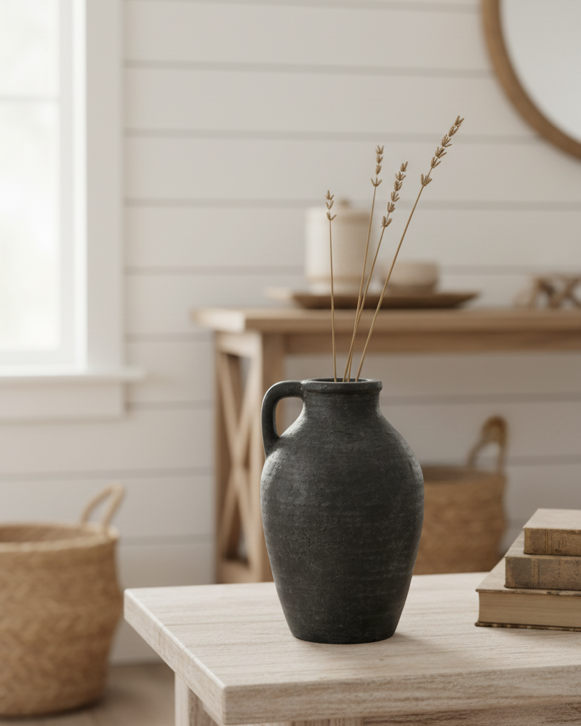 Black Terracotta Textured Vase with Handle