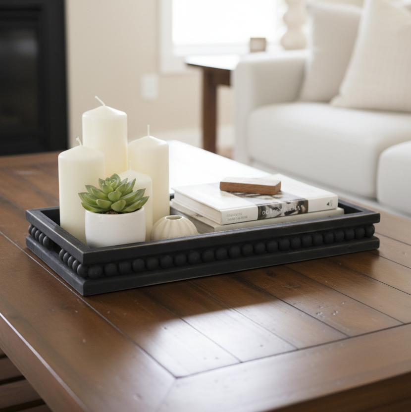 Rectangular Beaded Black Wood Tray
